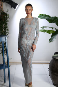 Haute Couture long evening dress, made of tulle and lace.