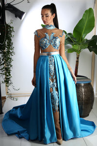 Haute Couture evening dress, 2 in 1 style, made of tulle and lace with detachable taffeta skirt